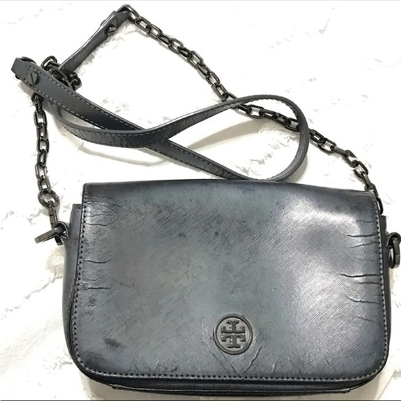 Tory Burch Front Snap Holographic Rainbow Gunmetal Metal Chain Crossbody Bag - Picture 1 of 11